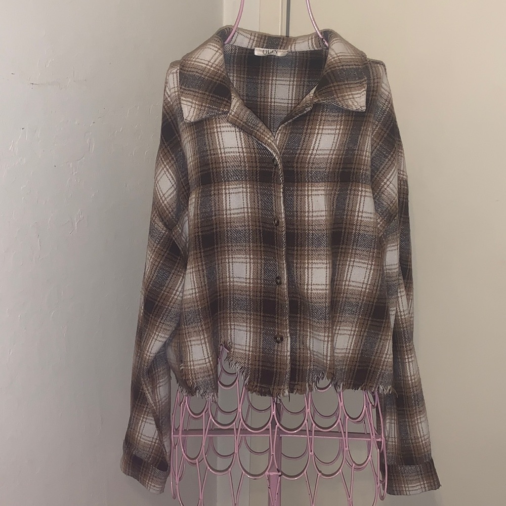 Like New Quin White Cream/Brown Plaid L/S Collared Fringe Shirt- Small